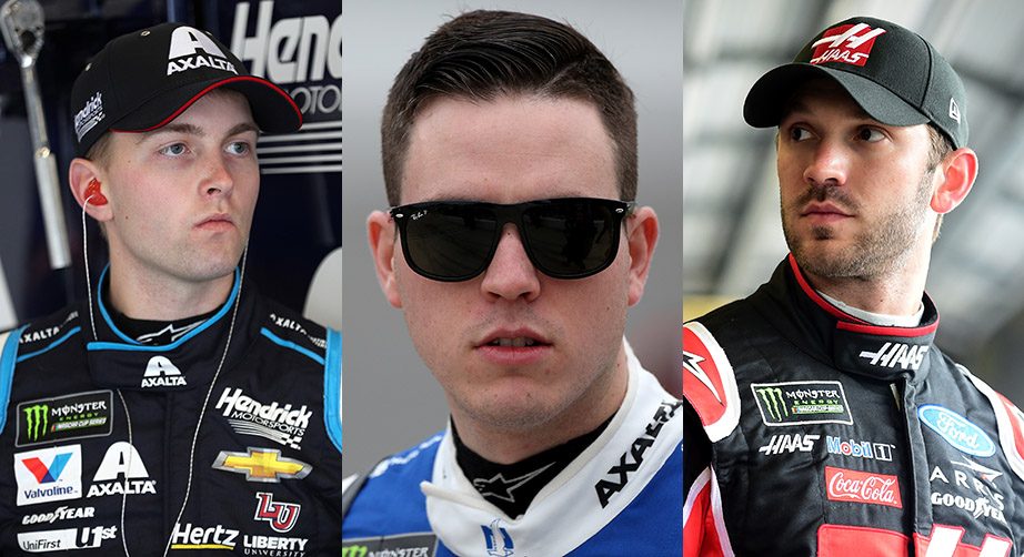 A three-panel image of William Byron, Alex Bowman and Daniel Suarez at Daytona.
