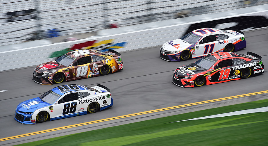 Alex Bowman, Kyle Busch, Denny Hamlin and Martin Truex Jr. race in The Clash at Daytona.