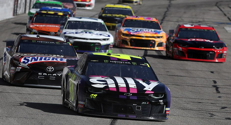 Jimmie Johnson leads a group of cars at Atlanta.
