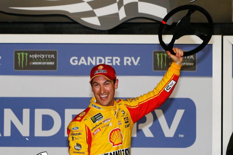 DAYTONA BEACH, FL - FEBRUARY 14: Joey Logano, driver of the #22 Shell Pennzoil Ford, celebrates in victory lane after winning the Monster Energy NASCAR Cup Series Gander RV Duel At DAYTONA #1 at Daytona International Speedway on February 14, 2019 in Daytona Beach, Florida. (Photo by Jonathan Ferrey/Getty Images) | Getty Images