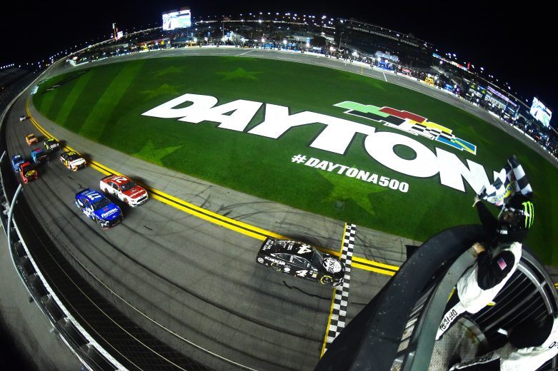 Kevin Harvick takes the checkered flag in the first race of the Gander RV Duel at Daytona.