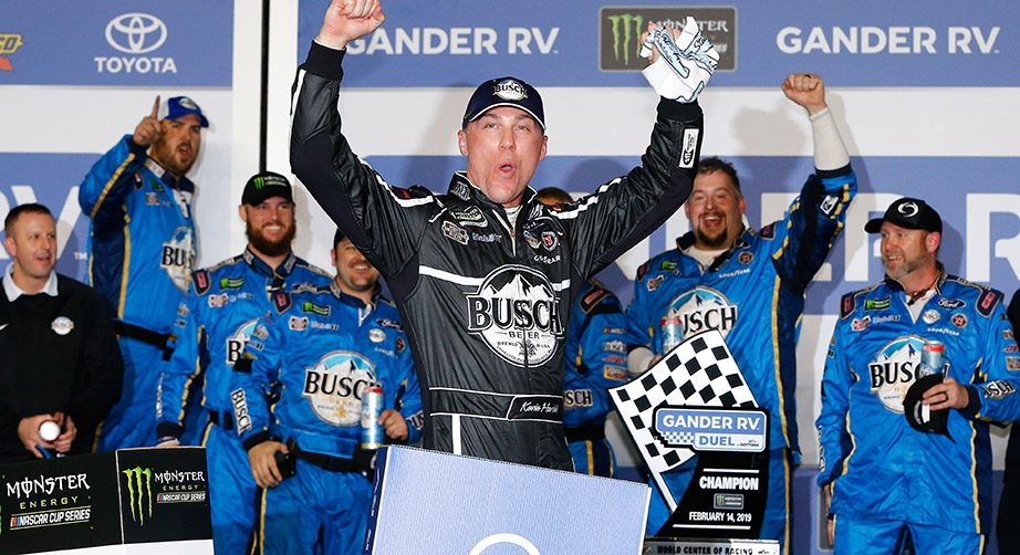 Kevin Harvick celebrates winning the Duel at Daytona.