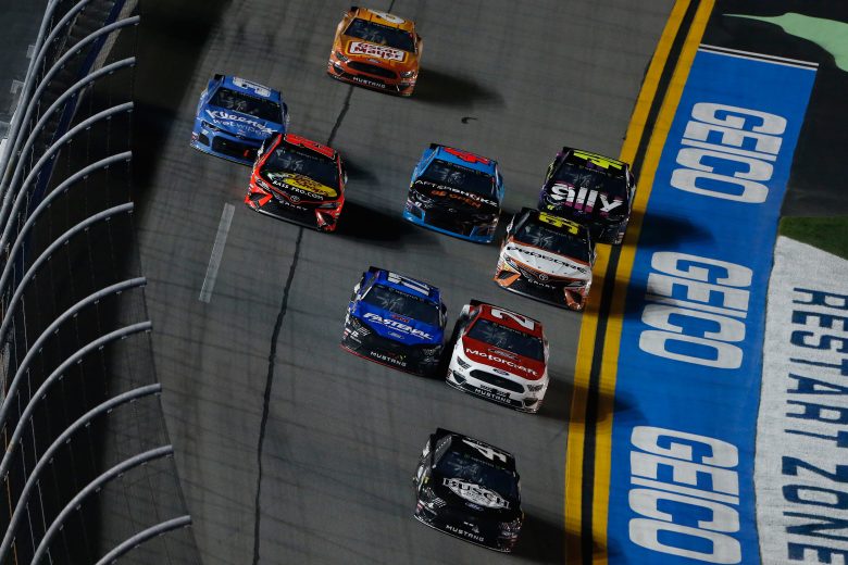 Kevin Harvick leads the field on the final lap of the first Duel at Daytona.