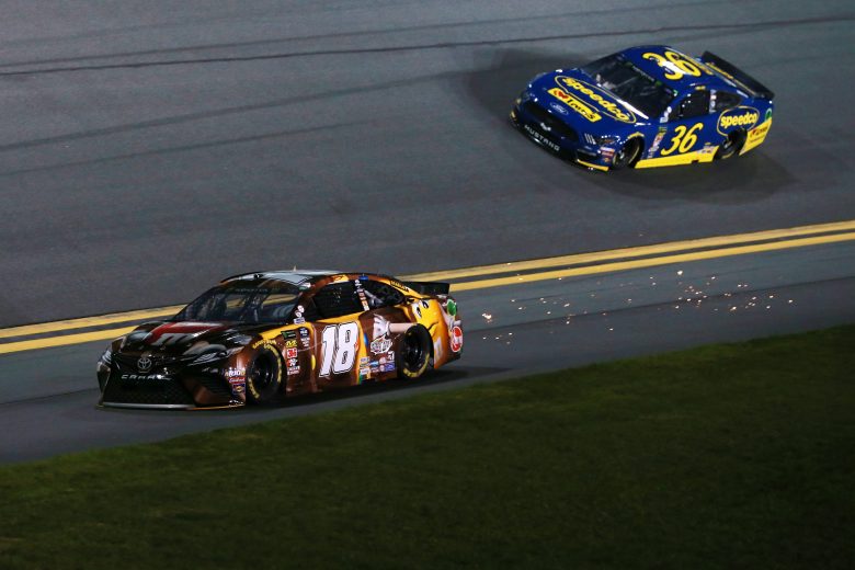 Kyle Busch nurses the No. 18 car back to pit road after spinning in the Duel at Daytona.