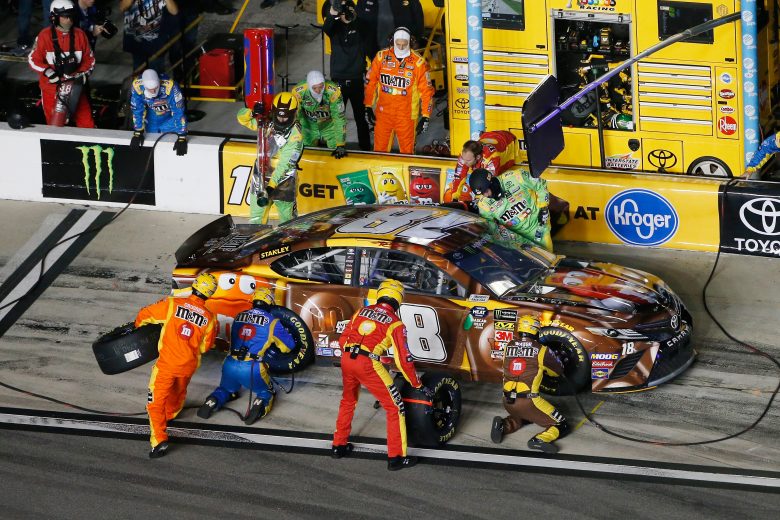 DAYTONA BEACH, FL - FEBRUARY 14: Kyle Busch, driver of the #18 M&M's Chocolate Bar Toyota, pits during the Monster Energy NASCAR Cup Series Gander RV Duel At DAYTONA #1 at Daytona International Speedway on February 14, 2019 in Daytona Beach, Florida. (Photo by Brian Lawdermilk/Getty Images) | Getty Images