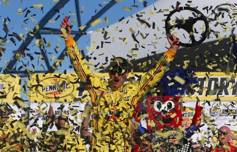 LAS VEGAS, NV - MARCH 03: Joey Logano, driver of the #22 Pennzoil Ford, celebrates in Victory Lane after winning the Monster Energy NASCAR Cup Series Pennzoil Oil 400 at Las Vegas Motor Speedway on March 3, 2019 in Las Vegas, Nevada. (Photo by Sarah Crabill/Getty Images) | Getty Images
