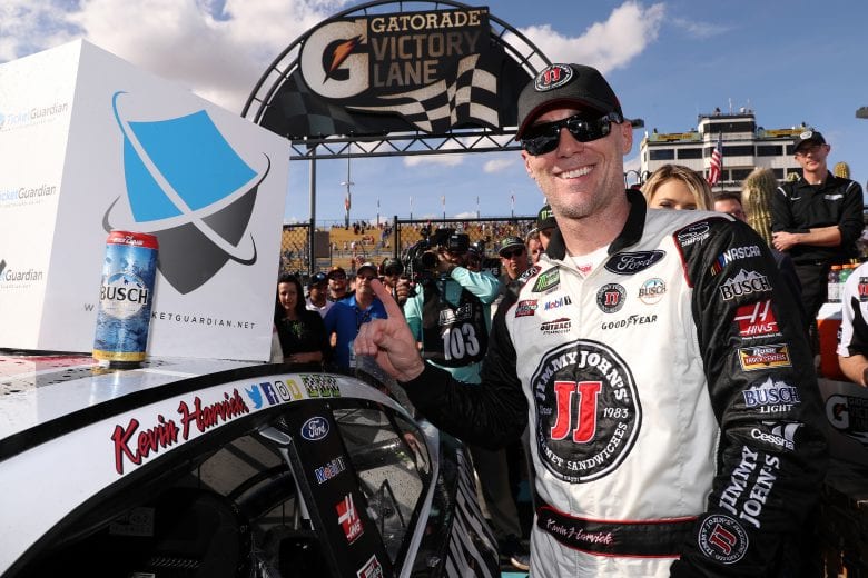 AVONDALE, AZ - MARCH 11: Kevin Harvick, driver of the #4 Jimmy John's Ford, poses with the Winner's Decal in Victory Lane after winning the Monster Energy NASCAR Cup Series TicketGuardian 500 at ISM Raceway on March 11, 2018 in Avondale, Arizona. (Photo by Christian Petersen/Getty Images) | Getty Images