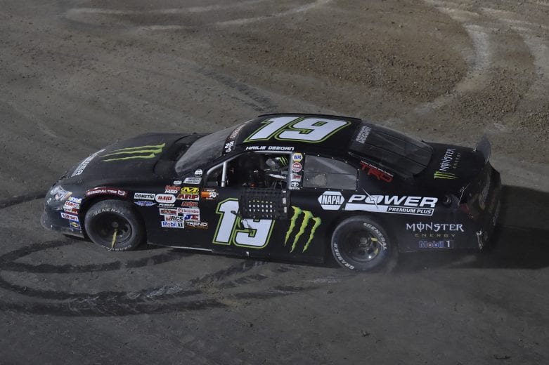 #19: Hailie Deegan, Toyota Camry, Monster / NAPA Power Premium Plus, does a burnout after winning