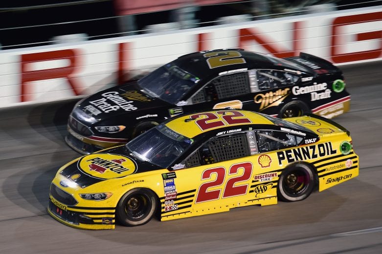 DARLINGTON, SC - SEPTEMBER 02:  Joey Logano, driver of the #22 Pennzoil Ford, races Brad Keselowski, driver of the #2 Miller Genuine Draft Ford, during the Monster Energy NASCAR Cup Series Bojangles' Southern 500 at Darlington Raceway on September 2, 2018 in Darlington, South Carolina.  (Photo by Jared C. Tilton/Getty Images) | Getty Images