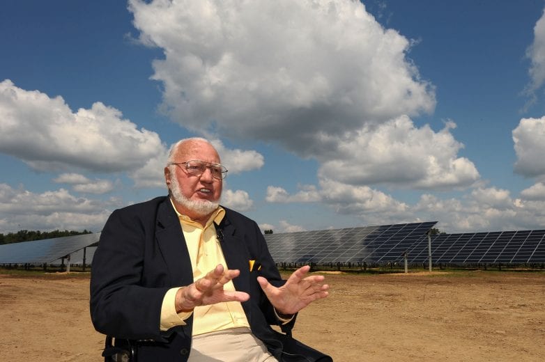 LONG POND, PA - JULY 30:  The founder of Pocono Raceway Joseph Mattioli talks to the media about the solar farm constructed in a former parking at Pocono Raceway on July 30, 2010 in Long Pond, Pennsylvania. The solar farm will generate enough electricity to power the NASCAR facility.  (Photo by Drew Hallowell/Getty Images for NASCAR) | Getty Images