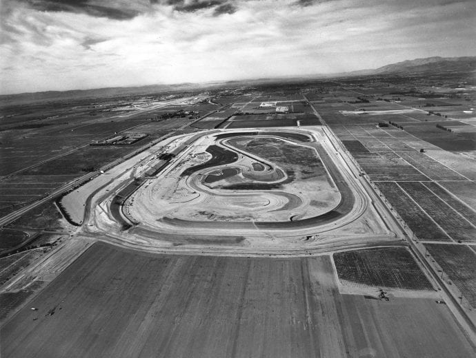 ONTARIO, CA - An aerial view of the Ontario Speedway during the latter stages of construction in early 1970. Designed as a twin to the Indianapolis (IN) Motor Speedway, the track hosted NASCAR, Indy Car and NHRA Drag Racing events from AUGUST 1970 through NOVEMBER 1980. The speedway was also the venue for the Questor Grand Prix Formula One event in 1971. (Photo by ISC Images & Archives via Getty Images)