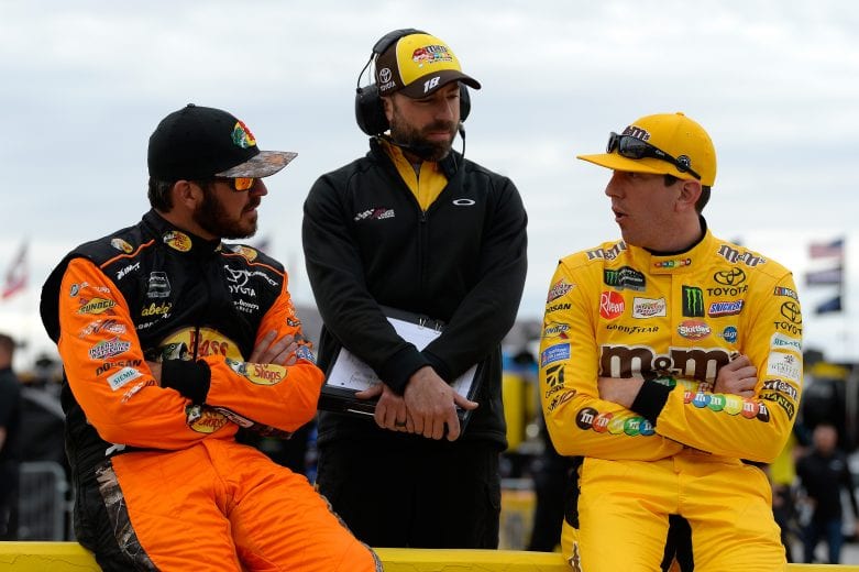 LAS VEGAS, NV - MARCH 01:  Martin Truex Jr., driver of the #19 Bass Pro Shops Toyota, Adam Stevens, crew chief of the #18 M&M's Chocolate Bar Toyota, and Kyle Busch, driver of the #18 M&M's Chocolate Bar Toyota, during qualifying for the Monster Energy NASCAR Cup Series Pennzoil 400 at Las Vegas Motor Speedway on March 1, 2019 in Las Vegas, Nevada.  (Photo by Robert Laberge/Getty Images) | Getty Images