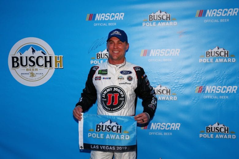 LAS VEGAS, NV - MARCH 01: Kevin Harvick, driver of the #4 Jimmy John's Ford, poses for a photo after winning the Pole Award during qualifying for the Monster Energy NASCAR Cup Series Pennzoil 400 at Las Vegas Motor Speedway on March 1, 2019 in Las Vegas, Nevada.  (Photo by Sarah Crabill/Getty Images) | Getty Images
