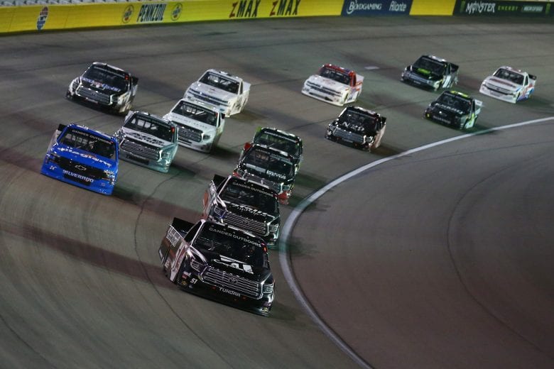 LAS VEGAS, NV - MARCH 01:  Kyle Busch, driver of the #51 Cessna Toyota, leads Brett Moffitt, driver of the #24 Allegiant Chevrolet, and the field during the NASCAR Gander Outdoors Truck Series Strat Las Vegas 200 at Las Vegas Motor Speedway on March 1, 2019 in Las Vegas, Nevada.  (Photo by Sarah Crabill/Getty Images) | Getty Images