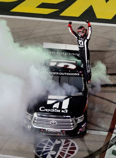 LAS VEGAS, NV - MARCH 01:  Kyle Busch, driver of the #51 Cessna Toyota, celebrates after winning the NASCAR Gander Outdoors Truck Series Strat Las Vegas 200 at Las Vegas Motor Speedway on March 1, 2019 in Las Vegas, Nevada.  (Photo by Robert Laberge/Getty Images) | Getty Images