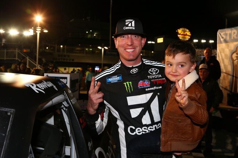 LAS VEGAS, NV - MARCH 01: Kyle Busch, driver of the #51 Cessna Toyota, poses with his son, Brexton, with the Winner's Sticker after winning the NASCAR Gander Outdoors Truck Series Strat Las Vegas 200 at Las Vegas Motor Speedway on March 1, 2019 in Las Vegas, Nevada.  (Photo by Sarah Crabill/Getty Images) | Getty Images