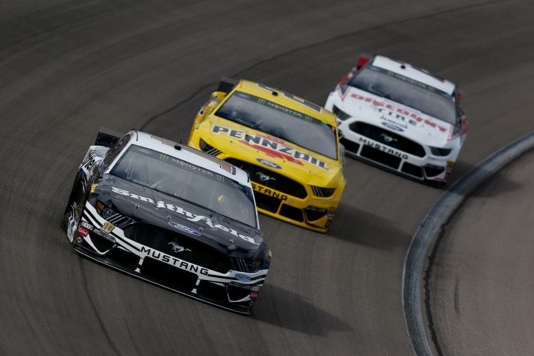 LAS VEGAS, NV - MARCH 02: Aric Almirola, driver of the #10 Smithfield Ford, leads Joey Logano, driver of the #22 Pennzoil Ford, and Brad Keselowski, driver of the #2 Discount Tire Ford, during practice for the Monster Energy NASCAR Cup Series Pennzoil 400 at Las Vegas Motor Speedway on March 2, 2019 in Las Vegas, Nevada. (Photo by Sarah Crabill/Getty Images) | Getty Images