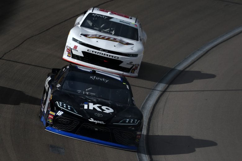 LAS VEGAS, NV - MARCH 02: Kyle Busch, driver of the #18 Extreme Concepts/iK9 Toyota, leads Brandon Brown, driver of the #86 Brandonbilt Motorsports Chevrolet, during the NASCAR Xfinty Series Boyd Gaming 300 at Las Vegas Motor Speedway on March 2, 2019 in Las Vegas, Nevada.  (Photo by Sarah Crabill/Getty Images) | Getty Images