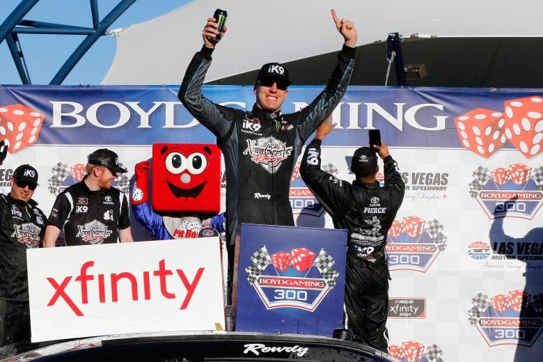 LAS VEGAS, NV - MARCH 02:  Kyle Busch, driver of the #18 Extreme Concepts/iK9 Toyota, celebrates in Victory Lane after winning the NASCAR Xfinty Series Boyd Gaming 300 at Las Vegas Motor Speedway on March 2, 2019 in Las Vegas, Nevada.  (Photo by Jonathan Ferrey/Getty Images) | Getty Images