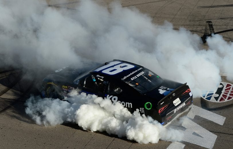 LAS VEGAS, NV - MARCH 02:  Kyle Busch, driver of the #18 Extreme Concepts/iK9 Toyota, celebrates after winning the NASCAR Xfinty Series Boyd Gaming 300 at Las Vegas Motor Speedway on March 2, 2019 in Las Vegas, Nevada.  (Photo by Robert Laberge/Getty Images) | Getty Images