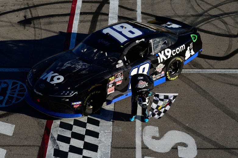 LAS VEGAS, NV - MARCH 02:  Kyle Busch, driver of the #18 Extreme Concepts/iK9 Toyota, celebrates after winning the NASCAR Xfinty Series Boyd Gaming 300 at Las Vegas Motor Speedway on March 2, 2019 in Las Vegas, Nevada.  (Photo by Robert Laberge/Getty Images) | Getty Images