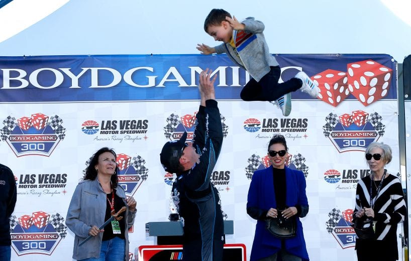 LAS VEGAS, NV - MARCH 02:  Kyle Busch, driver of the #18 Extreme Concepts/iK9 Toyota, celebrates by throwing his son, Brexton,  in Victory Lane after winning the NASCAR Xfinty Series Boyd Gaming 300 at Las Vegas Motor Speedway on March 2, 2019 in Las Vegas, Nevada.  (Photo by Jonathan Ferrey/Getty Images) | Getty Images