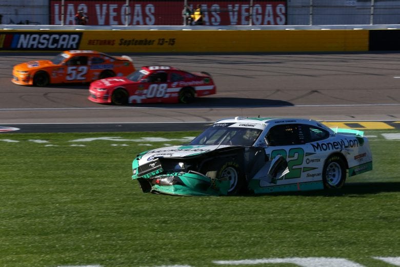 LAS VEGAS, NV - MARCH 02: Austin Cindric, driver of the #22 MoneyLion Ford, wrecks during the NASCAR Xfinty Series Boyd Gaming 300 at Las Vegas Motor Speedway on March 2, 2019 in Las Vegas, Nevada.  (Photo by Sarah Crabill/Getty Images) | Getty Images