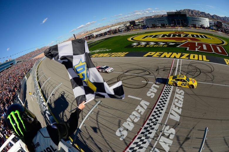 LAS VEGAS, NV - MARCH 03:  Joey Logano, driver of the #22 Pennzoil Ford, crosses the finish line to take the checkered flag and win thethe Monster Energy NASCAR Cup Series Pennzoil Oil 400 at Las Vegas Motor Speedway on March 3, 2019 in Las Vegas, Nevada.  (Photo by Robert Laberge/Getty Images) | Getty Images
