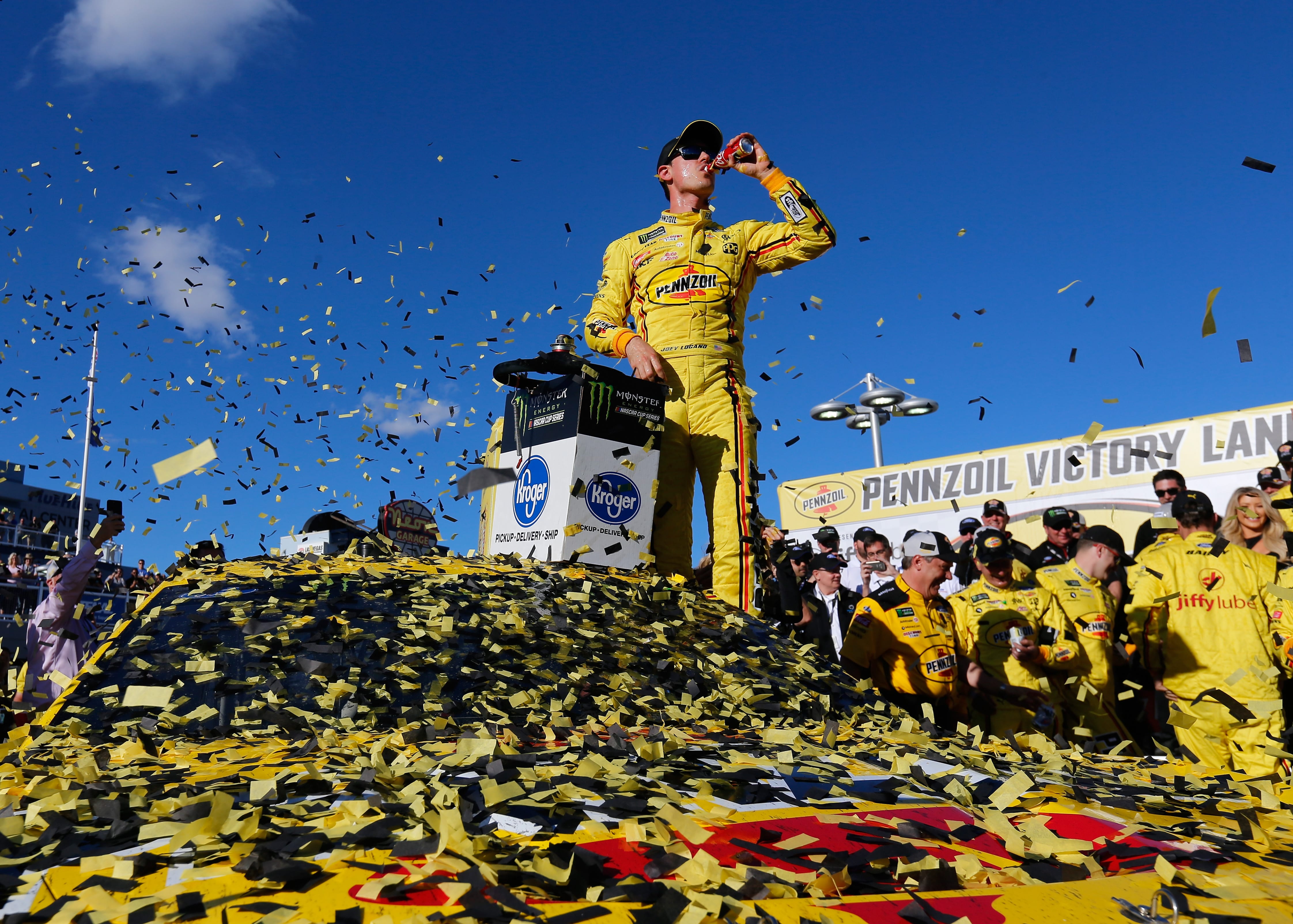 LAS VEGAS, NV - MARCH 03:  Joey Logano, driver of the #22 Pennzoil Ford, celebrates in Victory Lane after winning the Monster Energy NASCAR Cup Series Pennzoil Oil 400 at Las Vegas Motor Speedway on March 3, 2019 in Las Vegas, Nevada.  (Photo by Jonathan Ferrey/Getty Images) | Getty Images