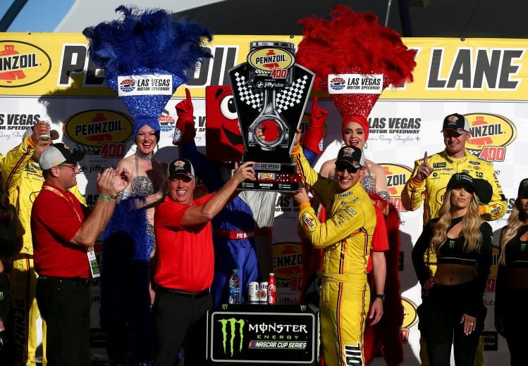 LAS VEGAS, NV - MARCH 03:  Joey Logano, driver of the #22 Pennzoil Ford, poses with the trophy  in Victory Lane after winning the Monster Energy NASCAR Cup Series Pennzoil Oil 400 at Las Vegas Motor Speedway on March 3, 2019 in Las Vegas, Nevada.  (Photo by Sarah Crabill/Getty Images) | Getty Images