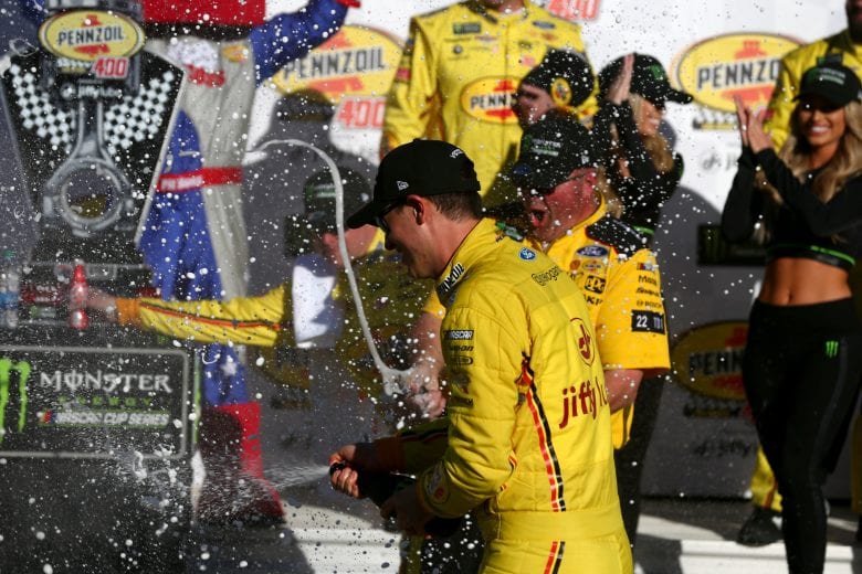 LAS VEGAS, NV - MARCH 03:  Joey Logano, driver of the #22 Pennzoil Ford, celebrates in Victory Lane after winning the Monster Energy NASCAR Cup Series Pennzoil Oil 400 at Las Vegas Motor Speedway on March 3, 2019 in Las Vegas, Nevada.  (Photo by Sarah Crabill/Getty Images) | Getty Images