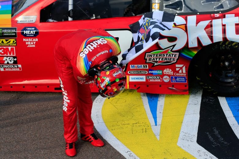 AVONDALE, AZ - MARCH 10:  Kyle Busch, driver of the #18 Skittles Toyota, celebrates winning the Monster Energy NASCAR Cup Series TicketGuardian 500 at ISM Raceway on March 10, 2019 in Avondale, Arizona.  (Photo by Daniel Shirey/Getty Images) | Getty Images