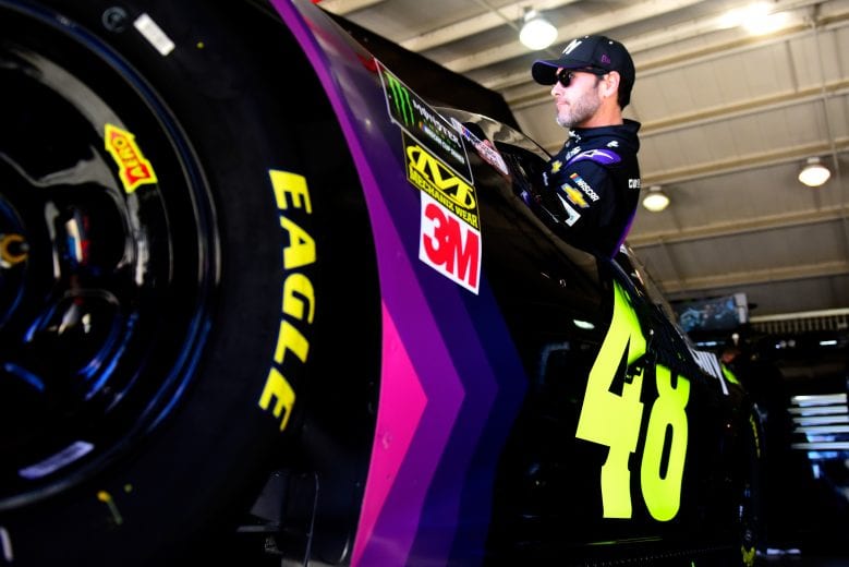 FONTANA, CA - MARCH 15: Jimmie Johnson, driver of the #48 Ally Chevrolet, climbs into his car during practice for the Monster Energy NASCAR Cup Series Auto Club 400 at Auto Club Speedway on March 15, 2019 in Fontana, California. (Photo by Jared C. Tilton/Getty Images) | Getty Images
