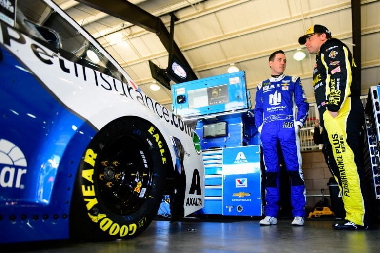 FONTANA, CA - MARCH 15: Alex Bowman, driver of the #88 Nationwide Pet Insurance Chevrolet, speaks with Ryan Newman, driver of the #6 Performance Plus Motor Oil Ford, during practice for the Monster Energy NASCAR Cup Series Auto Club 400 at Auto Club Speedway on March 15, 2019 in Fontana, California. (Photo by Jared C. Tilton/Getty Images) | Getty Images