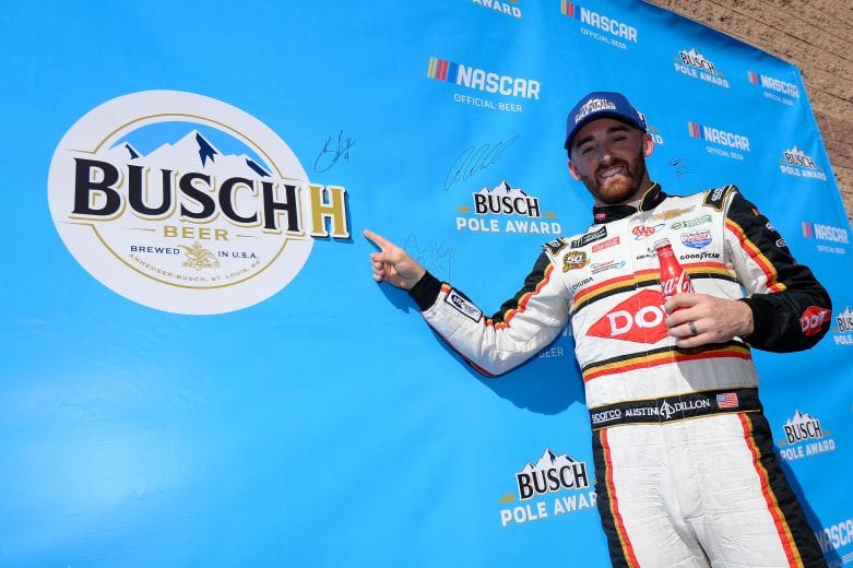 FONTANA, CA - MARCH 15: Austin Dillon, driver of the #3 Dow Coatings Chevrolet, poses with the pole award after earning polo position during qualifying for the Monster Energy NASCAR Cup Series Auto Club 400 at Auto Club Speedway on March 15, 2019 in Fontana, California. (Photo by Robert Laberge/Getty Images) | Getty Images