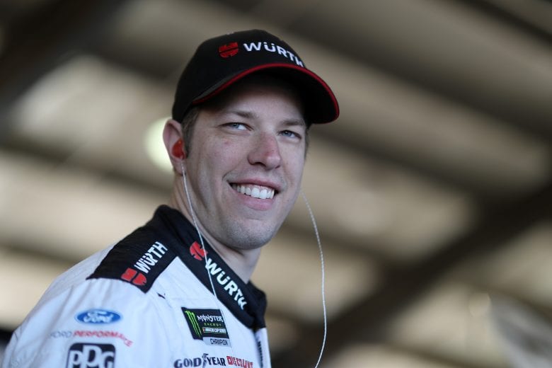 FONTANA, CA - MARCH 16: Brad Keselowski, driver of the #2 Wurth Ford, stands in the garage area during practice for the Monster Energy NASCAR Cup Series Auto Club 400 at Auto Club Speedway on March 16, 2019 in Fontana, California. (Photo by Chris Graythen/Getty Images) | Getty Images