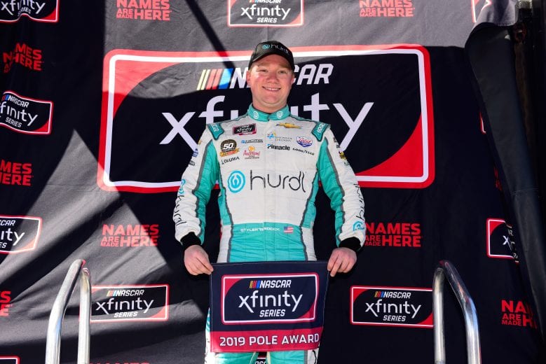 FONTANA, CA - MARCH 16: Tyler Reddick, driver of the #2 Hurdl Chevrolet, poses with the pole award after posting the fastest lap during qualifying for the NASCAR Xfinity Series Production Alliance Group 300 at Auto Club Speedway on March 16, 2019 in Fontana, California. (Photo by Jared C. Tilton/Getty Images) | Getty Images