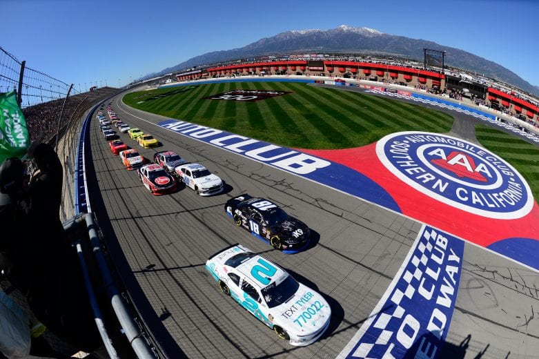 FONTANA, CA - MARCH 16: Tyler Reddick, driver of the #2 Hurdl Chevrolet, and Kyle Busch, driver of the #18 iK9 Toyota, lead the field to the green flag to start the NASCAR Xfinity Series Production Alliance Group 300 at Auto Club Speedway on March 16, 2019 in Fontana, California. (Photo by Robert Laberge/Getty Images) | Getty Images