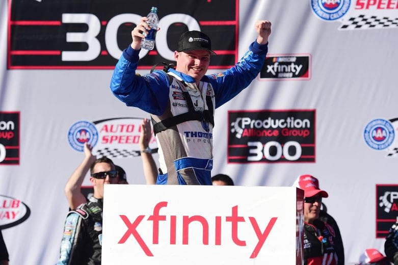 FONTANA, CA - MARCH 16: Cole Custer, driver of the #00 Thompson Pipe/Haas CNC Ford, celebrates in victory lane after winnig the NASCAR Xfinity Series Production Alliance Group 300 at Auto Club Speedway on March 16, 2019 in Fontana, California. (Photo by Jared C. Tilton/Getty Images) | Getty Images