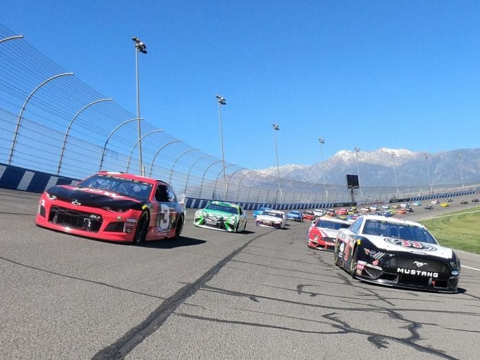 FONTANA, CA - MARCH 17: Austin Dillon, driver of the #3 Dow Coatings Chevrolet, and Kevin Harvick, driver of the #4 Jimmy John's Ford, lead the field at the start of the Monster Energy NASCAR Cup Series Auto Club 400 at Auto Club Speedway on March 17, 2019 in Fontana, California. (Photo by Chris Graythen/Getty Images) | Getty Images