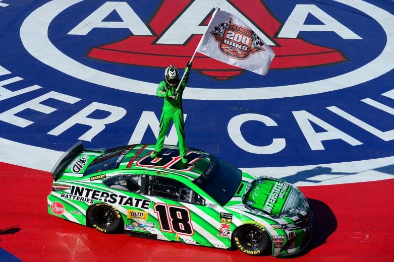 FONTANA, CA - MARCH 17: Kyle Busch, driver of the #18 Interstate Batteries Toyota, celebrate after winning the Monster Energy NASCAR Cup Series Auto Club 400 and winning his 200th NASCAR race at Auto Club Speedway on March 17, 2019 in Fontana, California. (Photo by Robert Laberge/Getty Images) | Getty Images