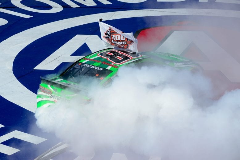 FONTANA, CA - MARCH 17: Kyle Busch, driver of the #18 Interstate Batteries Toyota, celebrates winning the Monster Energy NASCAR Cup Series Auto Club 400 and winning his 200th NASCAR win at Auto Club Speedway on March 17, 2019 in Fontana, California. (Photo by Robert Laberge/Getty Images) | Getty Images