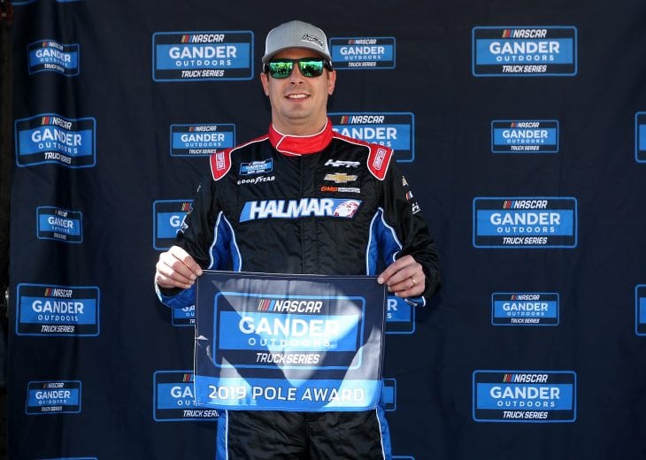 MARTINSVILLE, VA - MARCH 23:  Stewart Friesen, driver of the #52 Halmar International Chevrolet poses with the Pole Award after qualifying for the NASCAR Gander Outdoors Truck Series TruNorth Global 250 at Martinsville Speedway on March 23, 2019 in Martinsville, Virginia.  (Photo by Brian Lawdermilk/Getty Images) | Getty Images