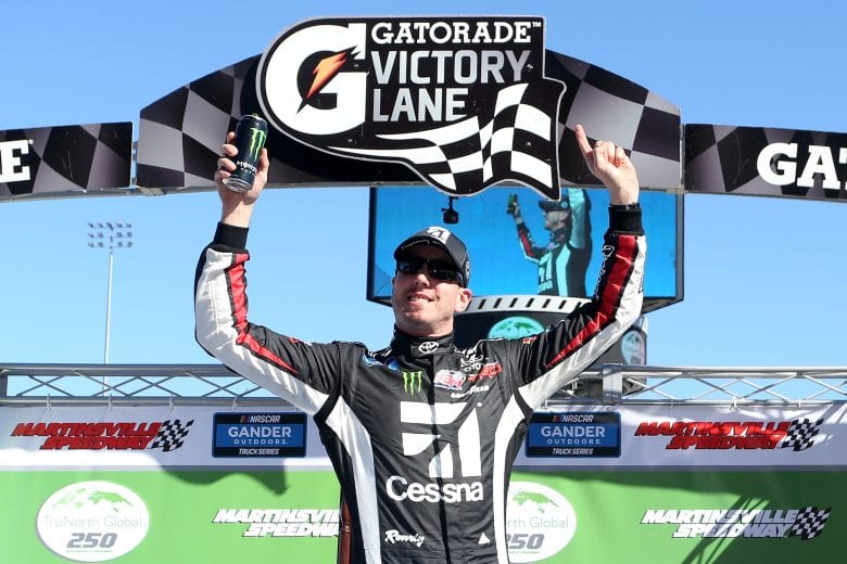 MARTINSVILLE, VA - MARCH 23:  Kyle Busch, driver of the #51 Cessna Toyota, celebrates in Victory Lane after winning the NASCAR Gander Outdoors Truck Series TruNorth Global 250 at Martinsville Speedway on March 23, 2019 in Martinsville, Virginia.  (Photo by Brian Lawdermilk/Getty Images) | Getty Images