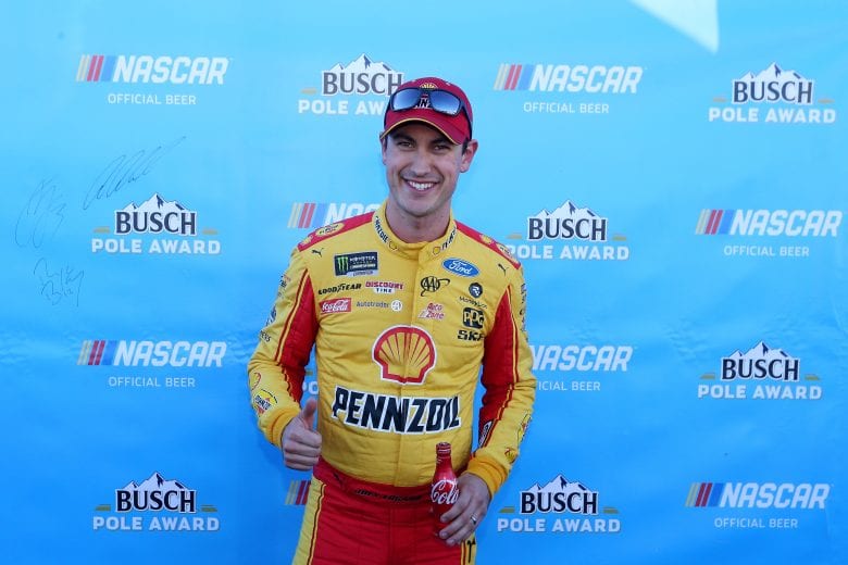 MARTINSVILLE, VA - MARCH 23:  Joey Logano, driver of the #22 Shell Pennzoil Ford, reacts after winning the pole position following qualifying for the Monster Energy NASCAR Cup Series STP 500 at Martinsville Speedway on March 23, 2019 in Martinsville, Virginia.  (Photo by Brian Lawdermilk/Getty Images) | Getty Images