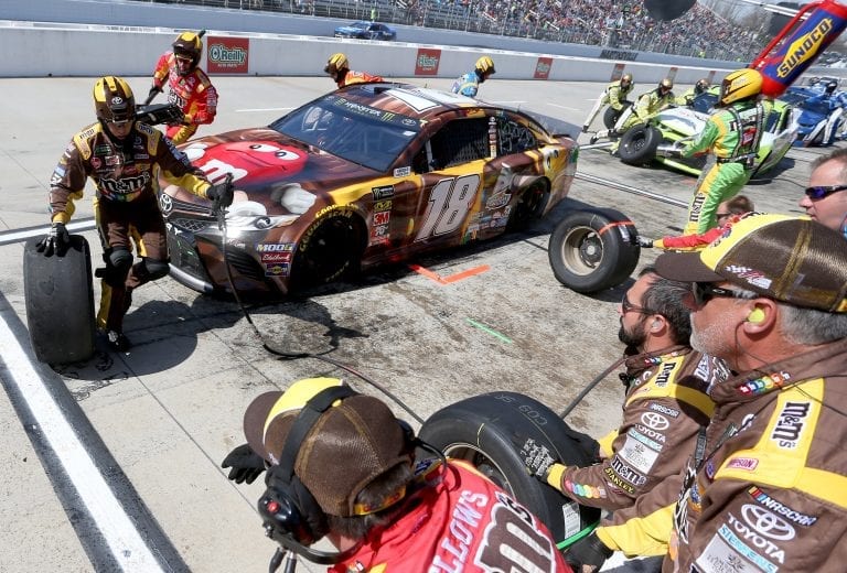 MARTINSVILLE, VA - MARCH 24:  Kyle Busch, driver of the #18 M&M's Chocolate Bar Toyota, pits during the Monster Energy NASCAR Cup Series STP 500 at Martinsville Speedway on March 24, 2019 in Martinsville, Virginia.  (Photo by Brian Lawdermilk/Getty Images) | Getty Images