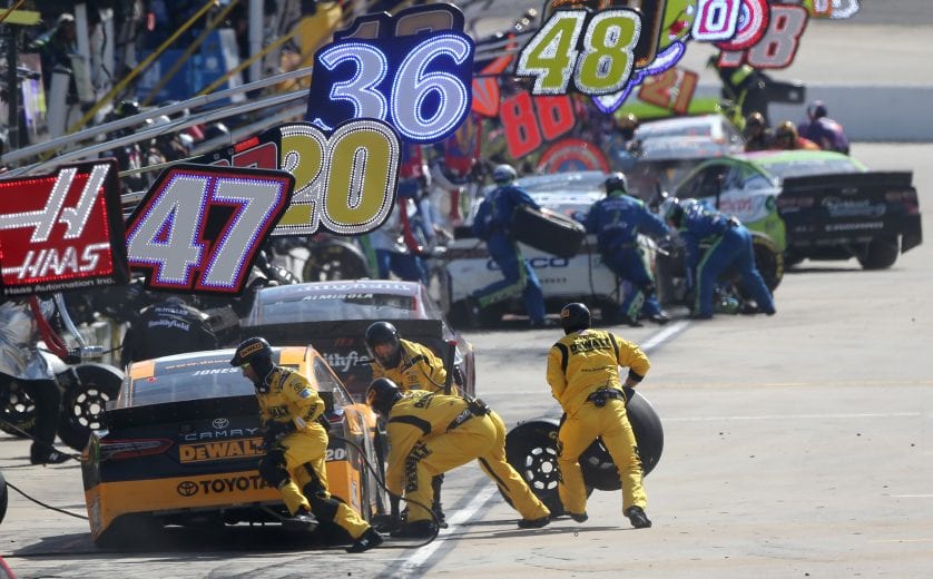 MARTINSVILLE, VA - MARCH 24:  Erik Jones, driver of the #20 DeWalt Toyota, pits during the Monster Energy NASCAR Cup Series STP 500 at Martinsville Speedway on March 24, 2019 in Martinsville, Virginia.  (Photo by Brian Lawdermilk/Getty Images) | Getty Images