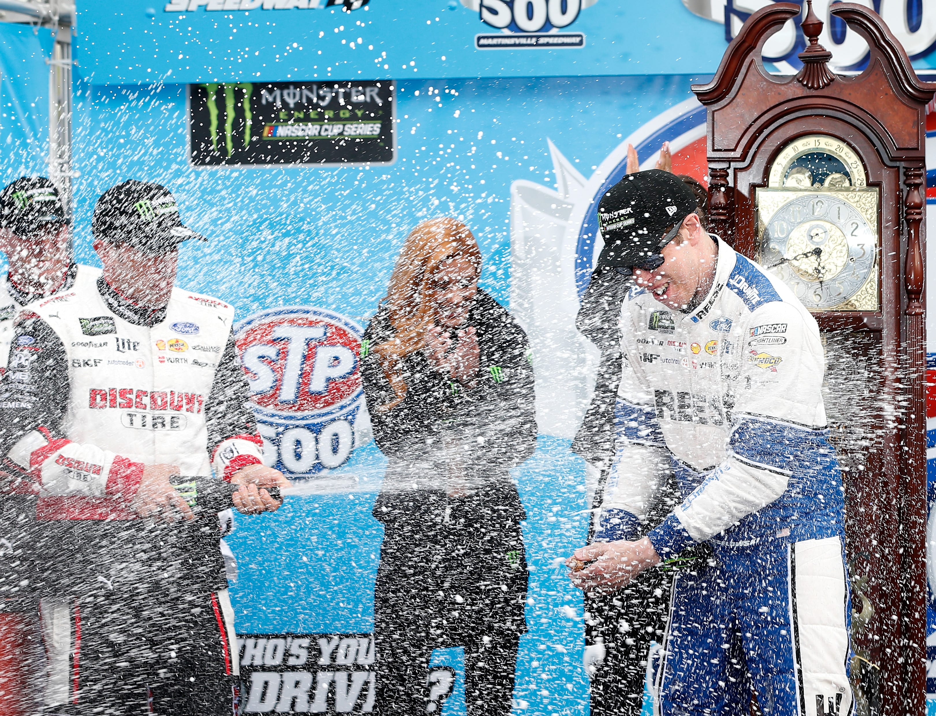 MARTINSVILLE, VA - MARCH 24:  Brad Keselowski, driver of the #2 Reese/Draw Tite Ford, celebrates in Victory Lane after winning the Monster Energy NASCAR Cup Series STP 500 at Martinsville Speedway on March 24, 2019 in Martinsville, Virginia.  (Photo by Brian Lawdermilk/Getty Images) | Getty Images