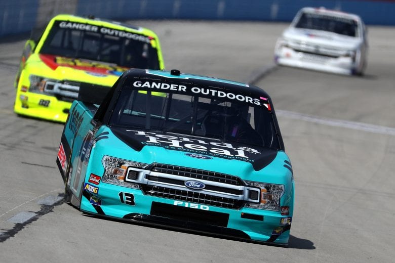 FORT WORTH, TX - MARCH 28: Johnny Sauter, driver of the #13 Tenda Heal Ford, leads a pack of trucks during practice for the NASCAR Gander Outdoor Truck Series Vankor 350 at Texas Motor Speedway on March 28, 2019 in Fort Worth, Texas. (Photo by Chris Graythen/Getty Images) | Getty Images