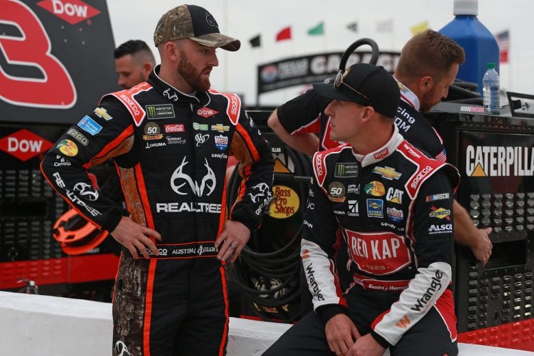 FORT WORTH, TX - MARCH 29: Austin Dillon, driver of the #3 Realtree Chevrolet, talks with Daniel Hemric, driver of the #8 Bulwark FR/Wayne Workwear Chevrolet, during qualifying for the Monster Energy NASCAR Cup Series O'Reilly Auto Parts 500 at Texas Motor Speedway on March 29, 2019 in Fort Worth, Texas. (Photo by Matt Sullivan/Getty Images) | Getty Images